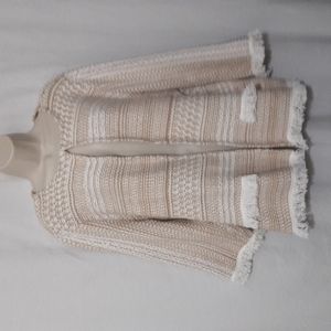 CHICO'S Cardigan Size XL Textured Khaki Fringe Hem Cotton Blend